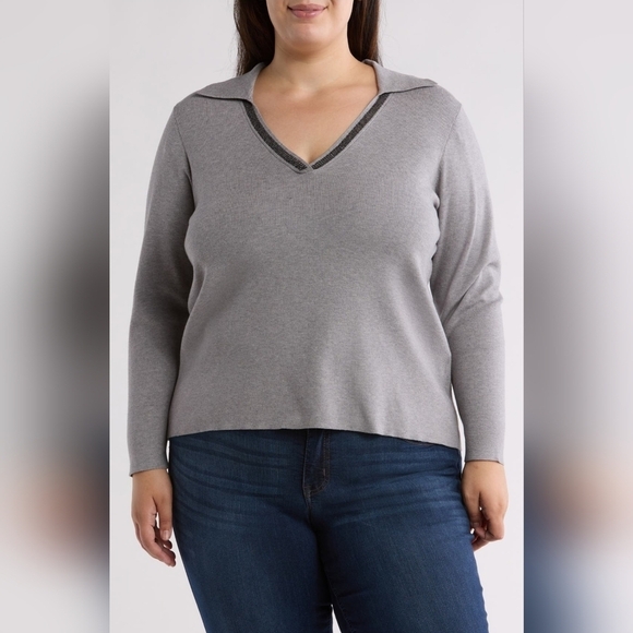 Calvin Klein Womens Sequin Trim V-Neck Sweater GRAY Cozy Knit - Picture 1 of 10